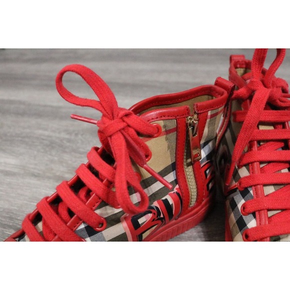 BURBERRY HIGH TOP SNEAKERS Toddler EU 30 NOVA CHECK SHOES Graffiti RED - Picture 8 of 12